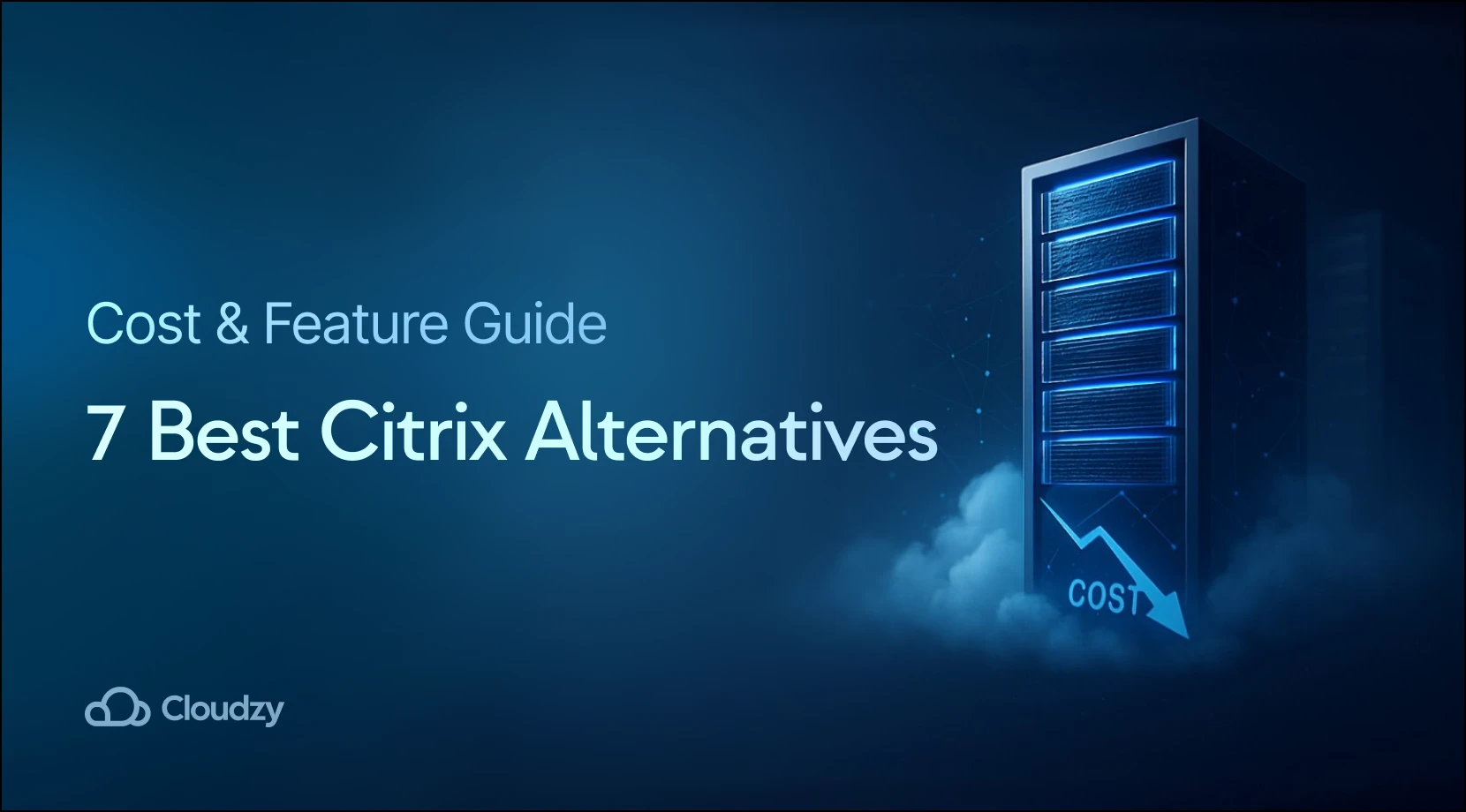 Blue glowing servers on the right with blank left space. Shows smart Citrix alternatives that save money and help remote teams work better.