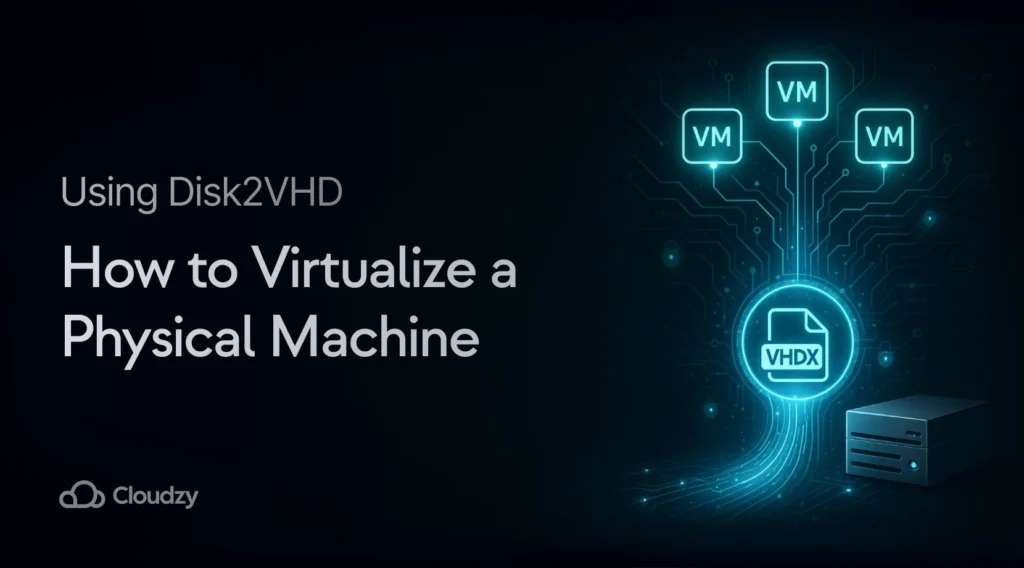 A server at the bottom with glowing cyan lines flowing up through a VHDX file hub to three virtual machine boxes above it, showing how physical servers transform into virtual machines.