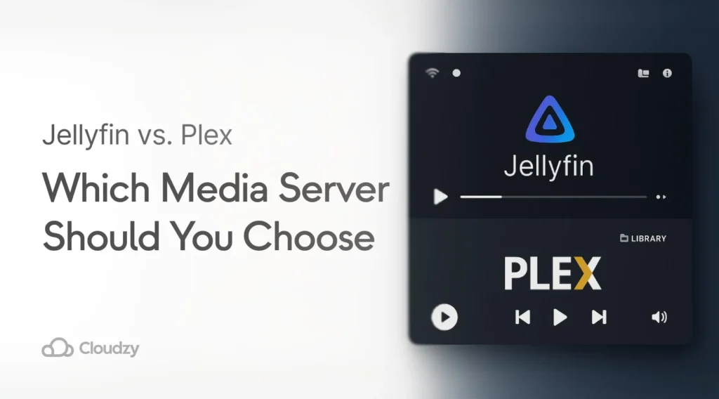 Split-screen comparison showing article title "Jellyfin vs. Plex: Which Media Server Should You Choose?" on left, with Jellyfin and Plex media player interfaces displayed on dark background on right.