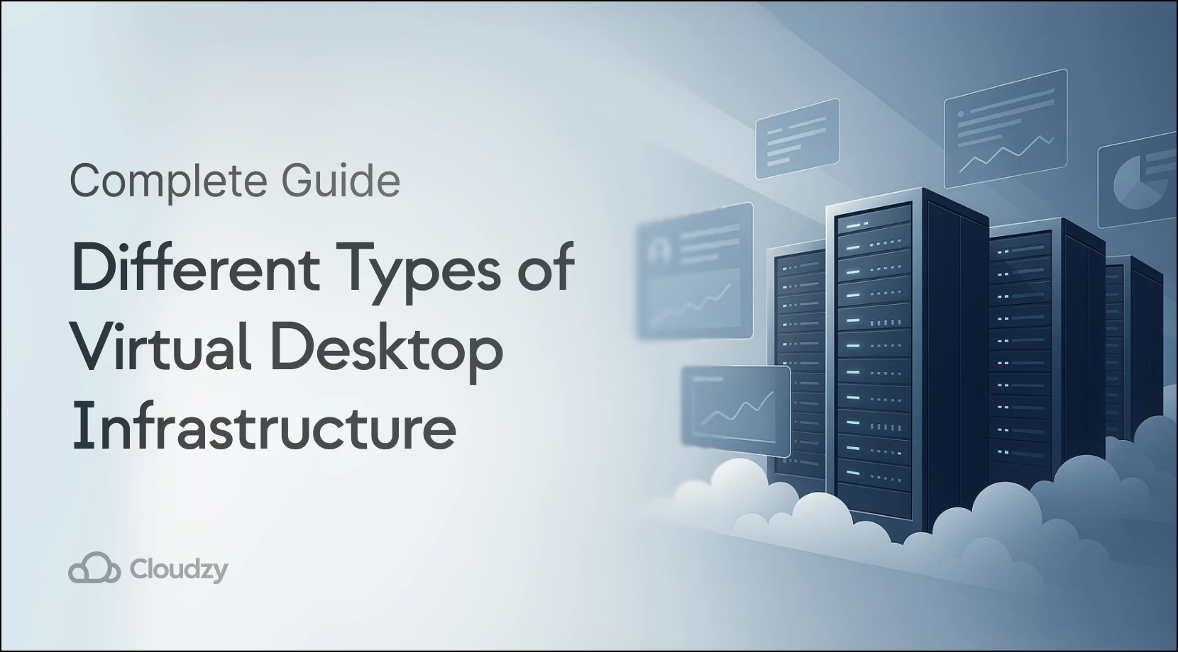 Glowing server racks on the right side displaying various types of VDI desktop screens in a cloud environment, deep blue tones, left half blank for text overlay.