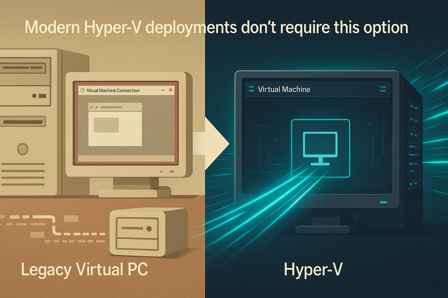 Split-screen comparison showing legacy Virtual PC with beige retro interface on left versus modern Hyper-V with teal interface on right, labeled "Modern Hyper-V deployments don't require this option"