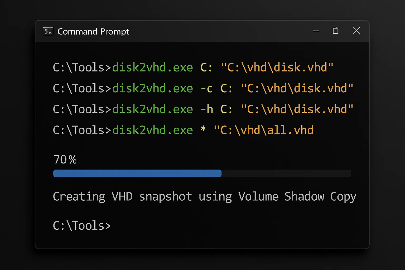 Windows Command Prompt displaying four Disk2VHD command syntax examples with color-coded text, showing a 70% progress bar and status message "Creating VHD snapshot using Volume Shadow Copy"
