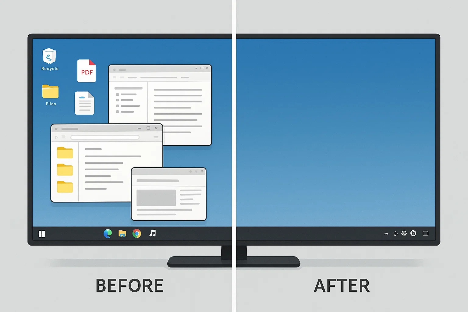 Before and after view of a virtual desktop. The left side shows a desktop with open files and applications. The right side shows the same desktop completely clean and reset to the original state