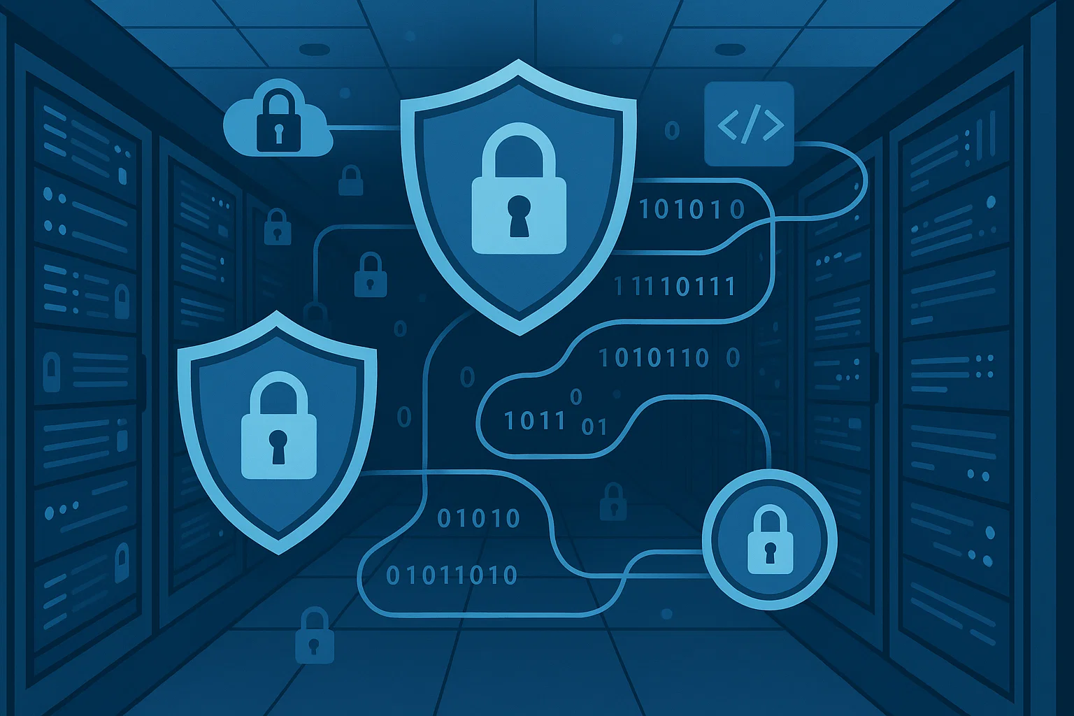 Secure data center with servers protected by multiple security layers. Visual shields, locks, and encryption symbols surround the infrastructure. Encrypted data flows through protected pathways to safe endpoints.