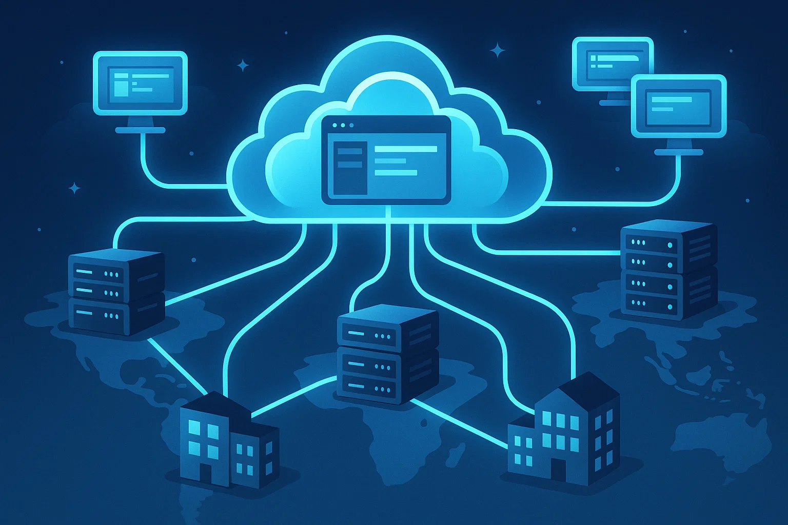 Cloud infrastructure with servers distributed across multiple locations. Glowing network lines connect local offices to cloud data centers. Virtual desktops float in the cloud, accessible from anywhere.