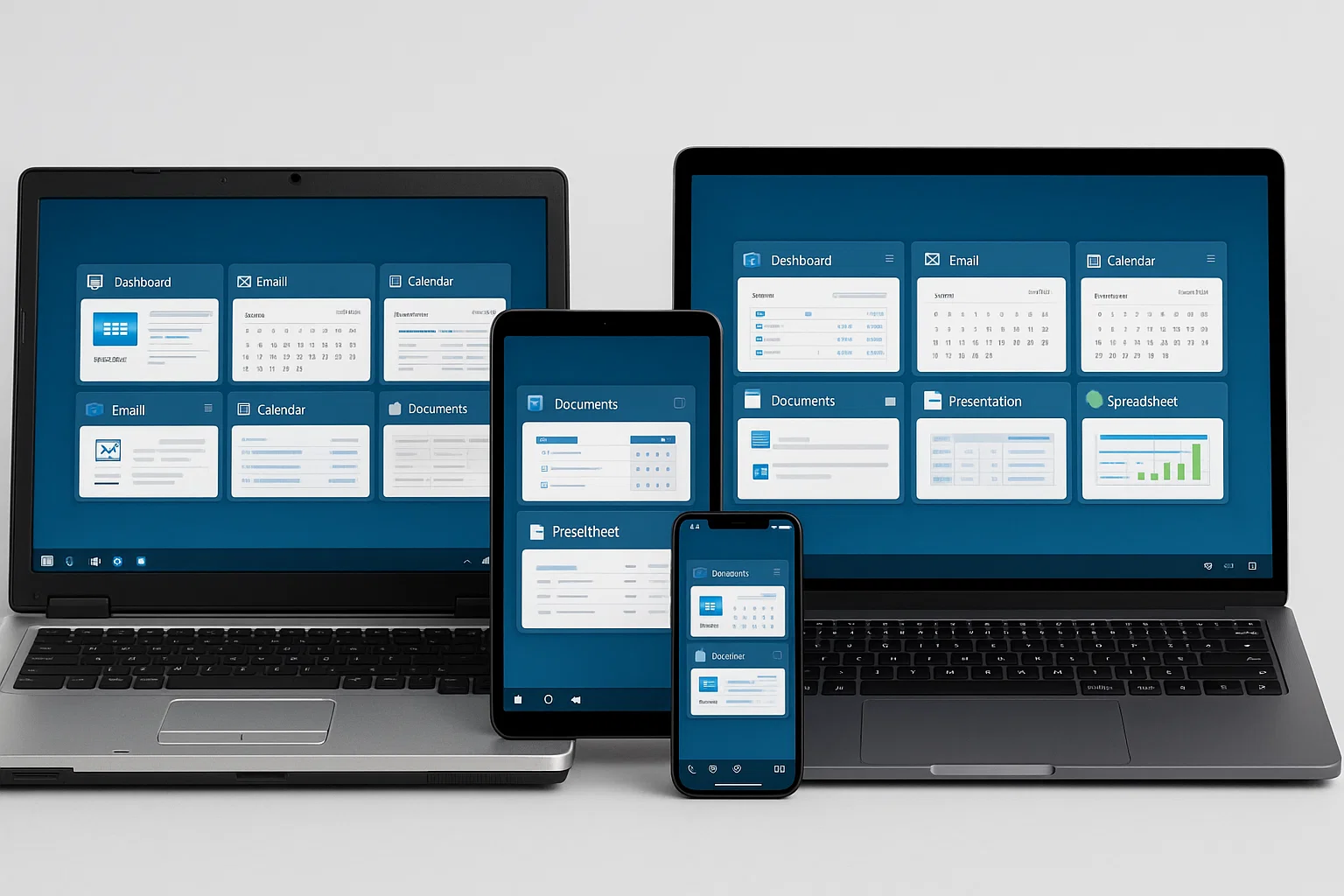 A Collection of different personal devices arranged together, including old and new laptops, tablets, and smartphones. Each device screen displays the same corporate virtual desktop interface, showing identical business applications across all devices.