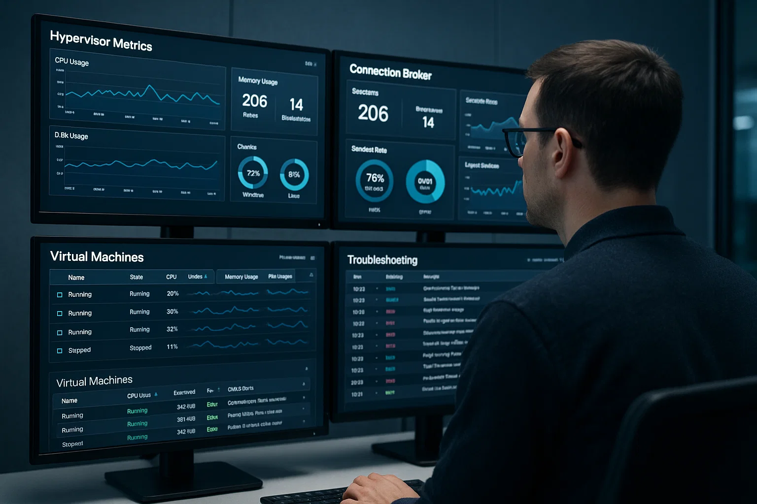 An IT professional monitors multiple screens showing complex VDI management dashboards. Displays show hypervisor metrics, virtual machine controls, connection broker settings, and troubleshooting logs in a modern operations center.