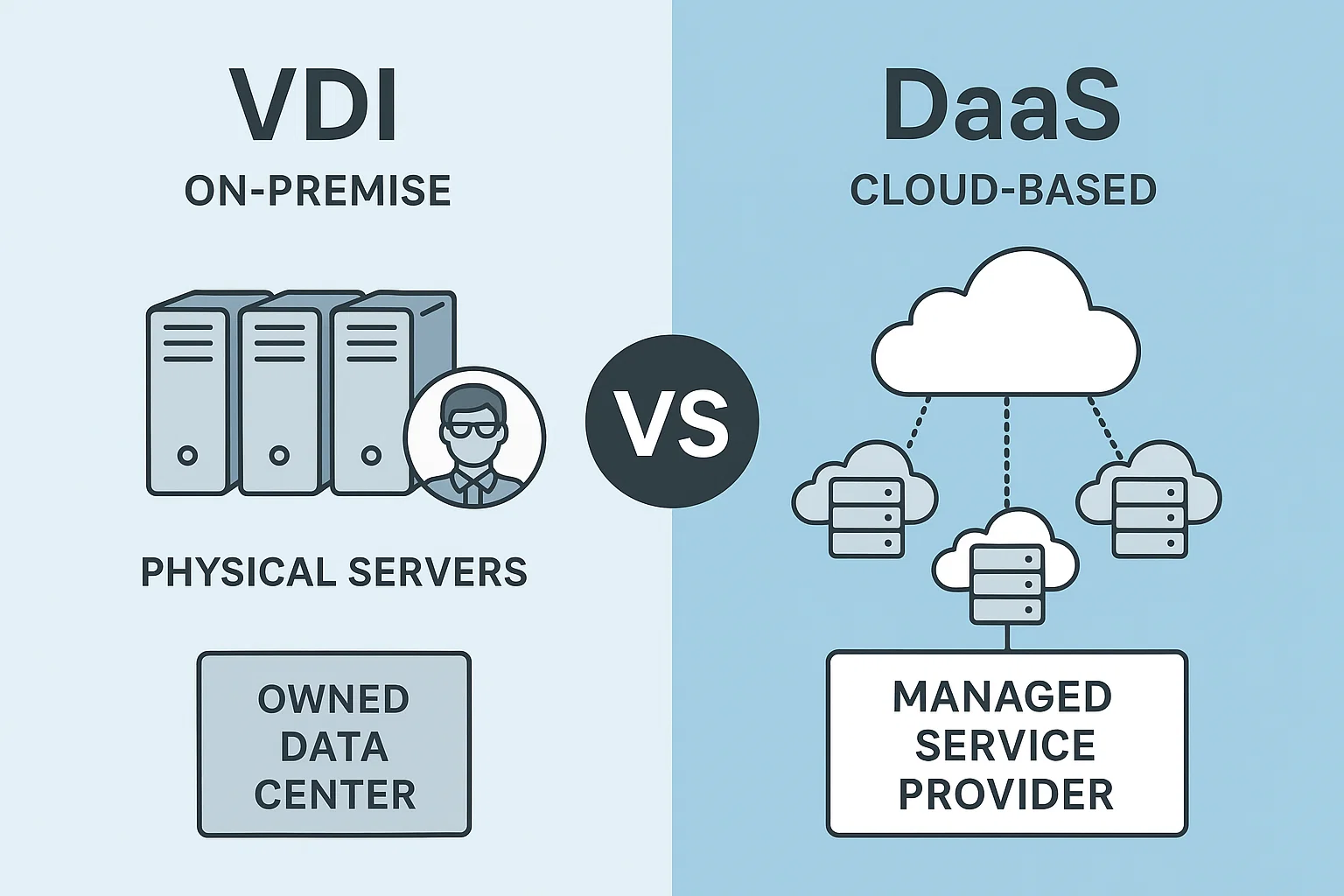 Split-screen comparison of VDI and DaaS deployment models. The left side shows on-premise VDI with physical servers, an in-house IT team, and owned data center infrastructure. The right side shows cloud-based DaaS with cloud symbols, distributed servers, and managed service provider branding.
