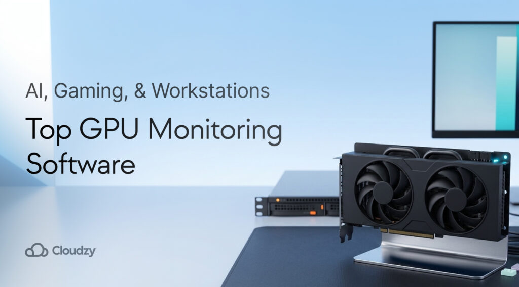 Feature image for GPU monitoring software, showcasing a desktop GPU on a stand with server gear, emphasizing GPU tools, performance monitoring apps, and actionable GPU metrics.