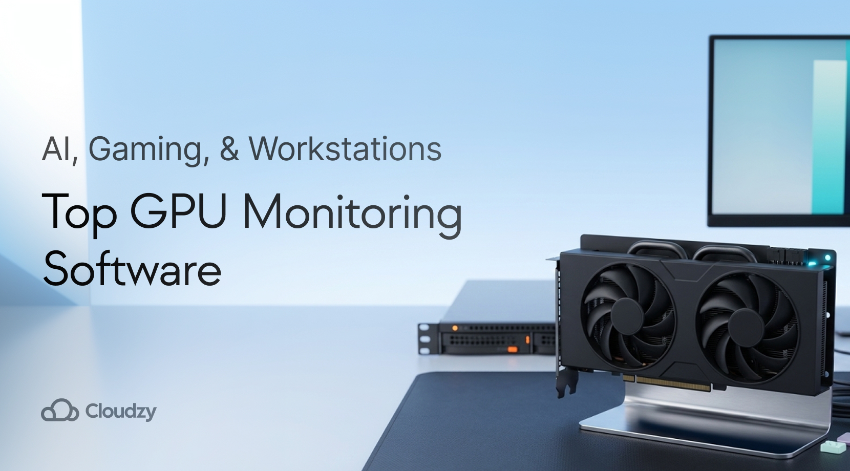 Feature image for GPU monitoring software, showcasing a desktop GPU on a stand with server gear, emphasizing GPU tools, performance monitoring apps, and actionable GPU metrics.