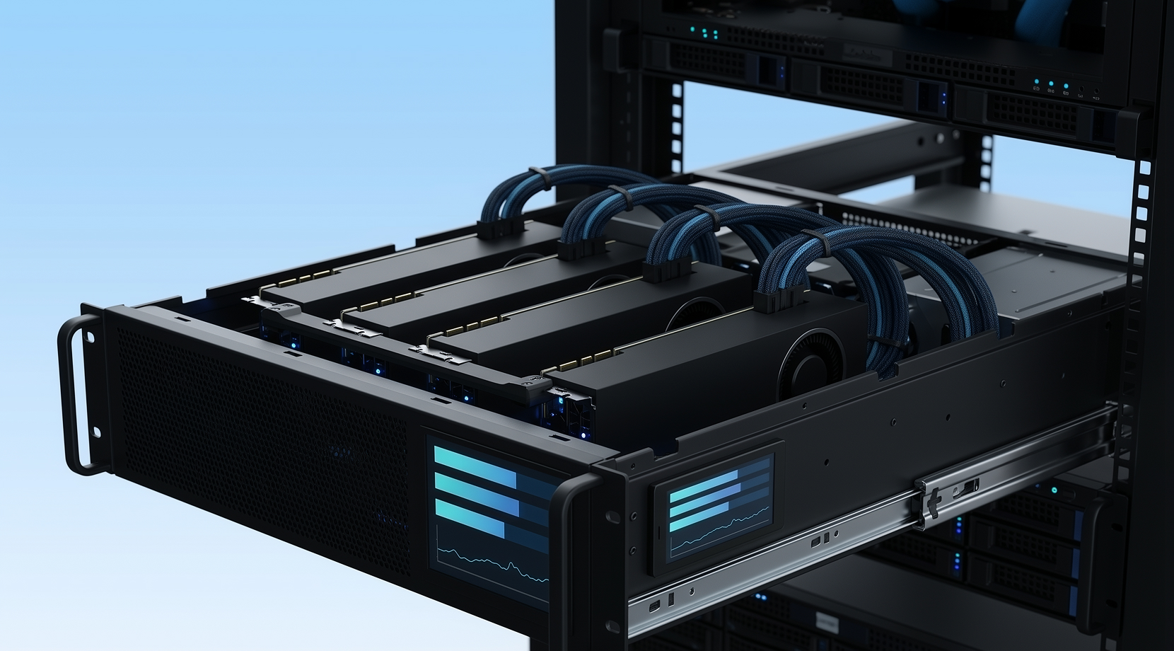 Feature Image 2025 12 15T162542.953 Data center rack with multiple GPUs and blue power cables, a realistic setting for GPU monitoring software and GPU tools tracking temperatures, fan speeds, and other GPU metrics.