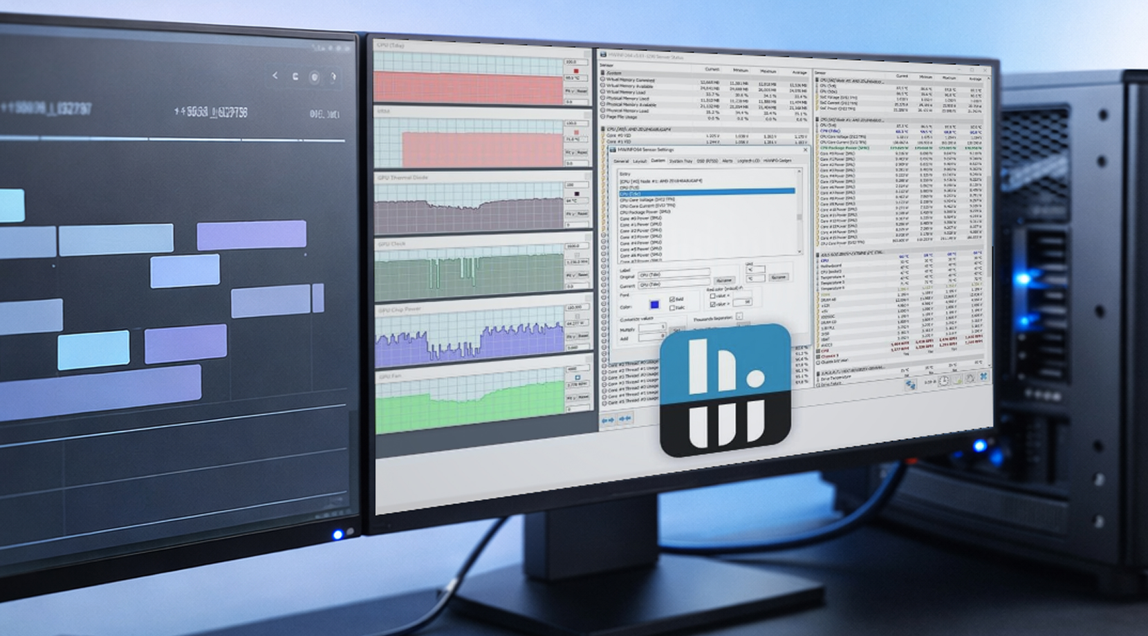 Feature Image 2025 12 17T194354.295 Workstation with dual displays running GPU monitoring software (HWiNFO-style) and a desk readout, graphing GPU metrics; GPU tools and performance monitoring apps for desktops.