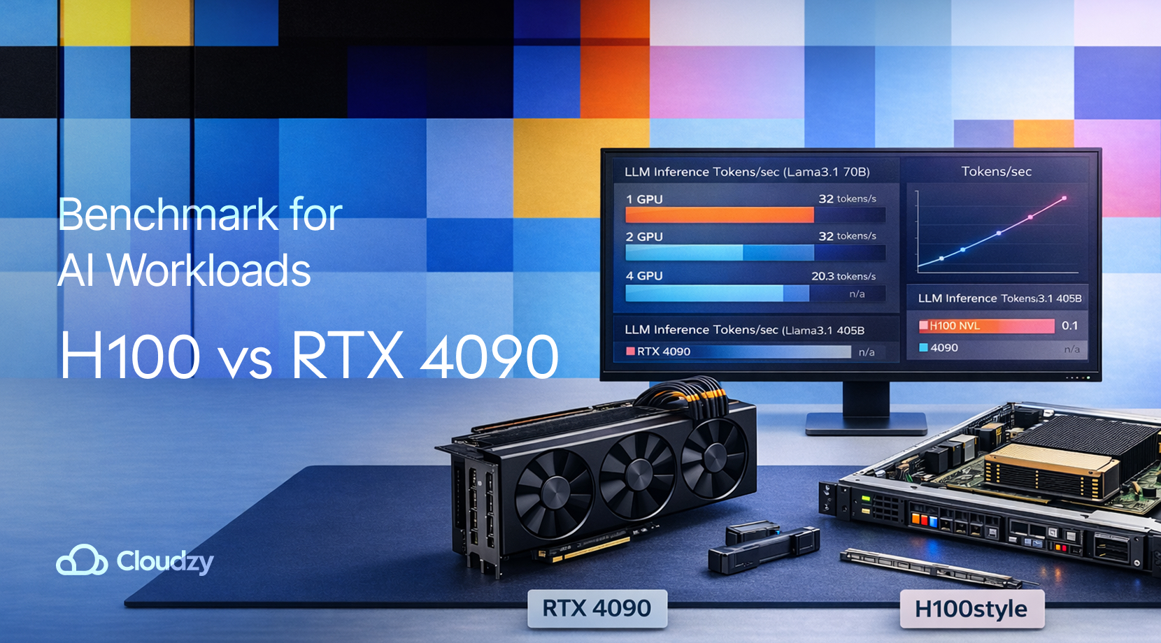 Side-by-side test bench: RTX 4090 tower and H100-style server board logging metrics, comparing H100 vs RTX 4090 throughput in real-time graphs and stopwatch measurements.