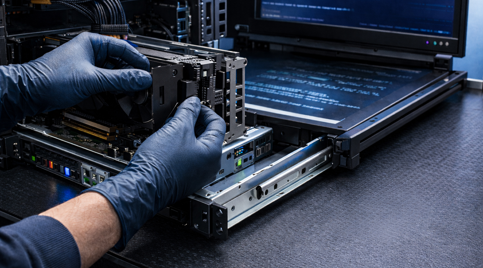 Technician installing a GPU in a rack server during H100 vs RTX 4090 setup, preparing hardware for H100 benchmarks and RTX 4090 AI performance testing.