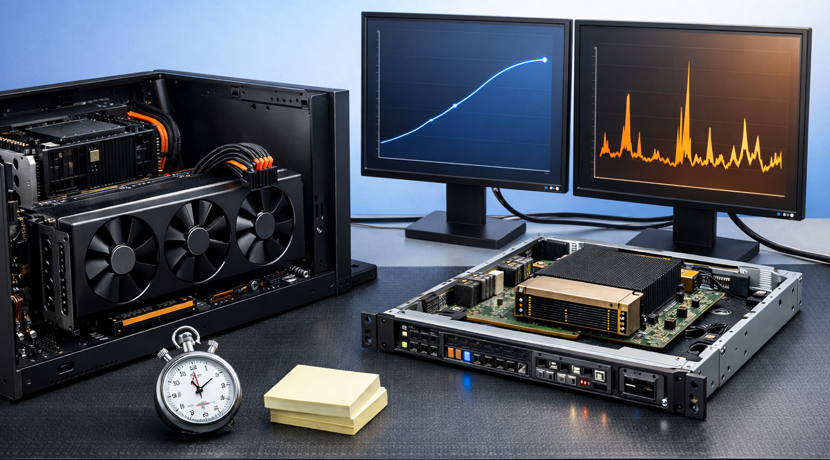 H100 vs RTX 4090 benchmark for AI workloads, with charts of tokens/sec and inference results on a monitor beside desktop GPUs and a server board.