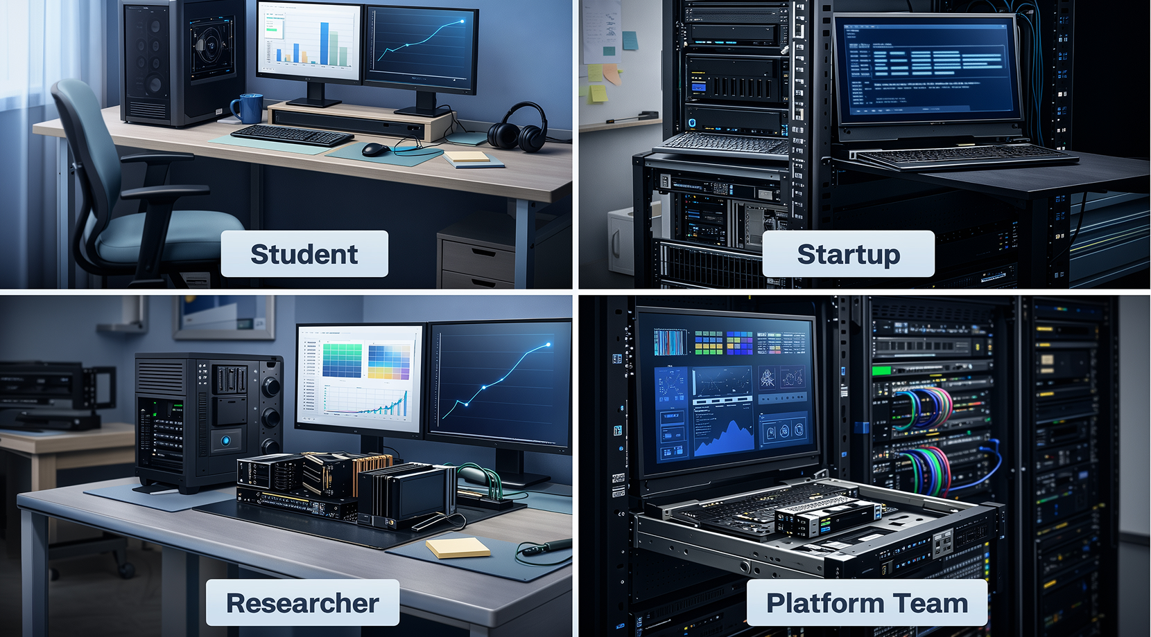 Use cases for H100 benchmarks and RTX 4090 AI performance: student desktop, startup rack, researcher workstation, and platform team servers.