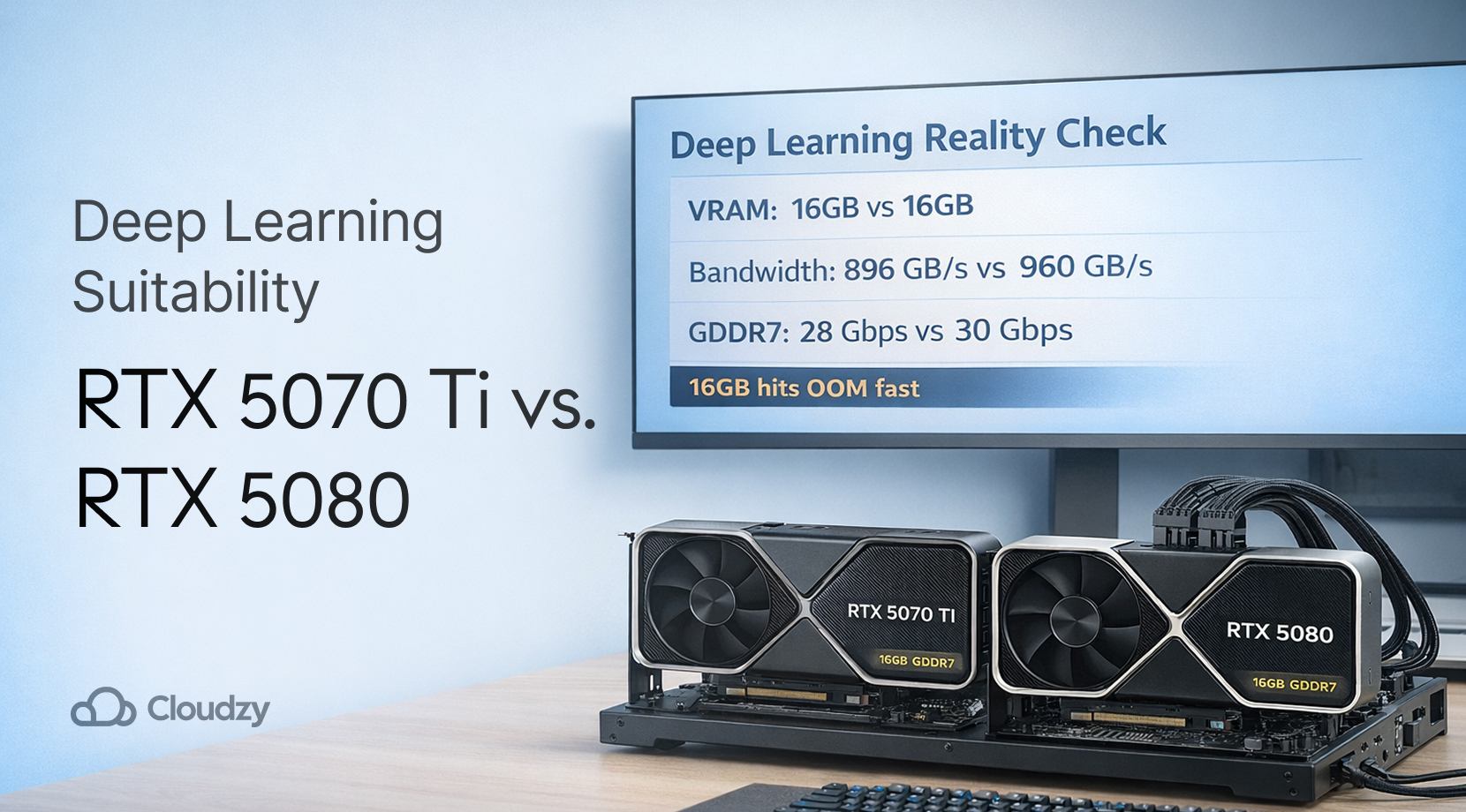 Bench test of RTX 5070 Ti and RTX 5080 with ‘Deep Learning Reality Check’ stats—16GB VRAM each, 896 vs 960 GB/s bandwidth—5070 ti vs 5080 performance.
