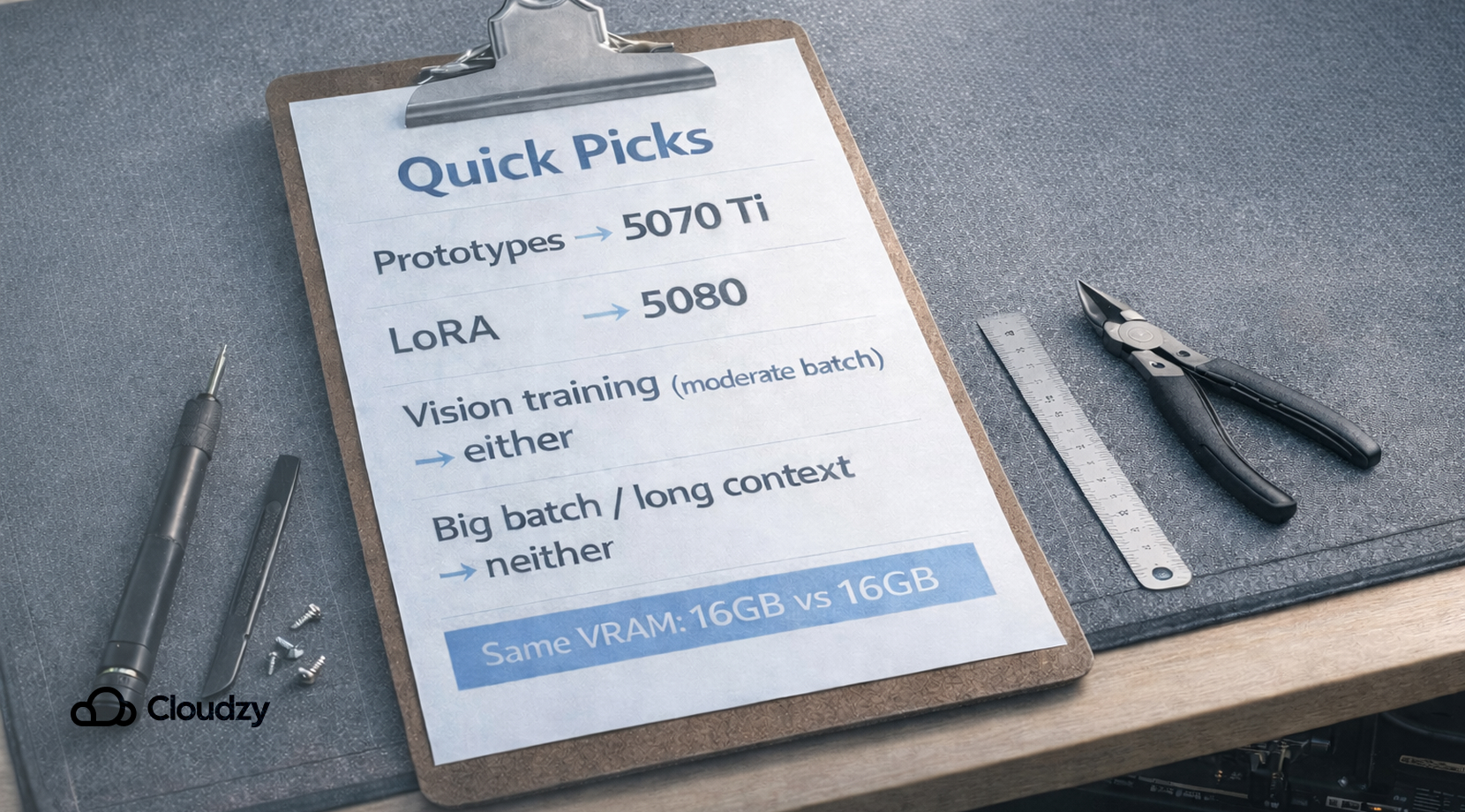 Quick cheat sheet for 5070 ti vs 5080: prototypes → 5070 Ti, LoRA → 5080, vision training either, big batch/long context neither; both 16GB VRAM.