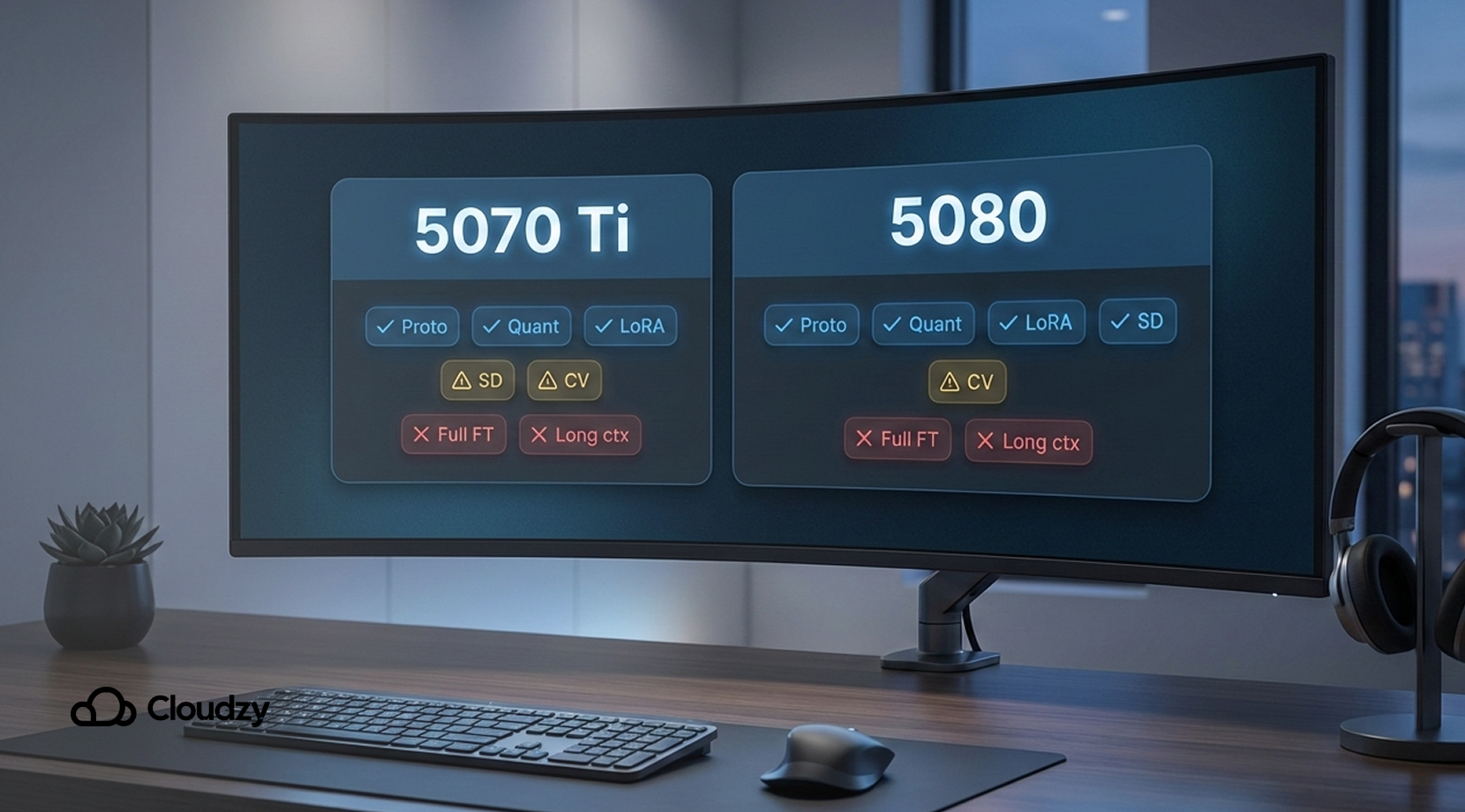 Curved-monitor dashboard comparing 5070 ti vs 5080 for proto, quantized inference, LoRA, Stable Diffusion; flags for full fine-tuning and long context.