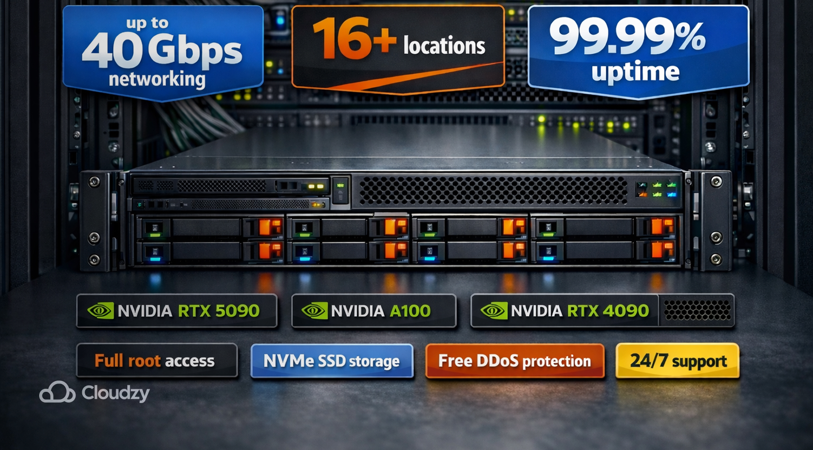 Cloudzy GPU VPS servers banner with 40 Gbps networking, 99.99% uptime, 16+ locations; full root access, NVMe SSD, free DDoS, 24/7 support, and GPU options RTX 5090/A100/RTX 4090 5070 ti vs 5080 comparison Cloudzy CTA.