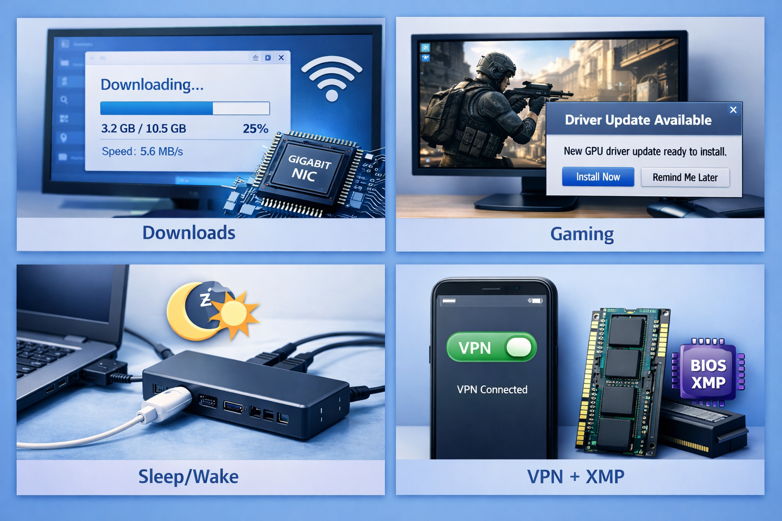 Four-panel visual tied to a bsod irql_not_less_or_equal, showing downloads, gaming with a driver update pop-up, sleep/wake with a USB hub, and VPN plus XMP as common trigger areas.