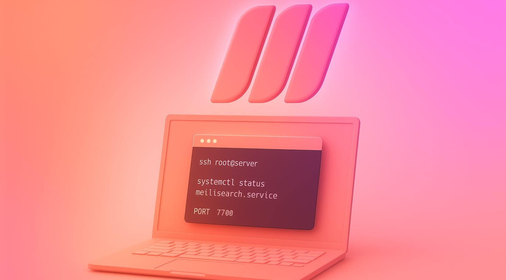 Laptop showing SSH and systemctl commands under the MeiliSearch logo, illustrating how to set up MeiliSearch VPS on an Ubuntu server.
