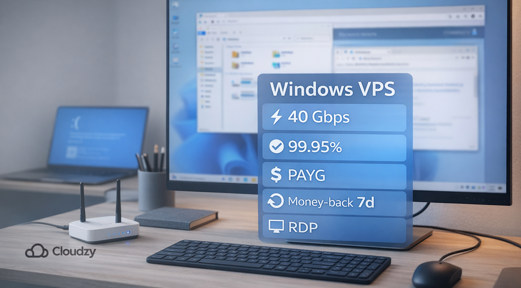Desk setup with monitor and laptop and a Windows VPS feature card, illustrating irql not less or equal windows troubleshooting via remote desktop (RDP).