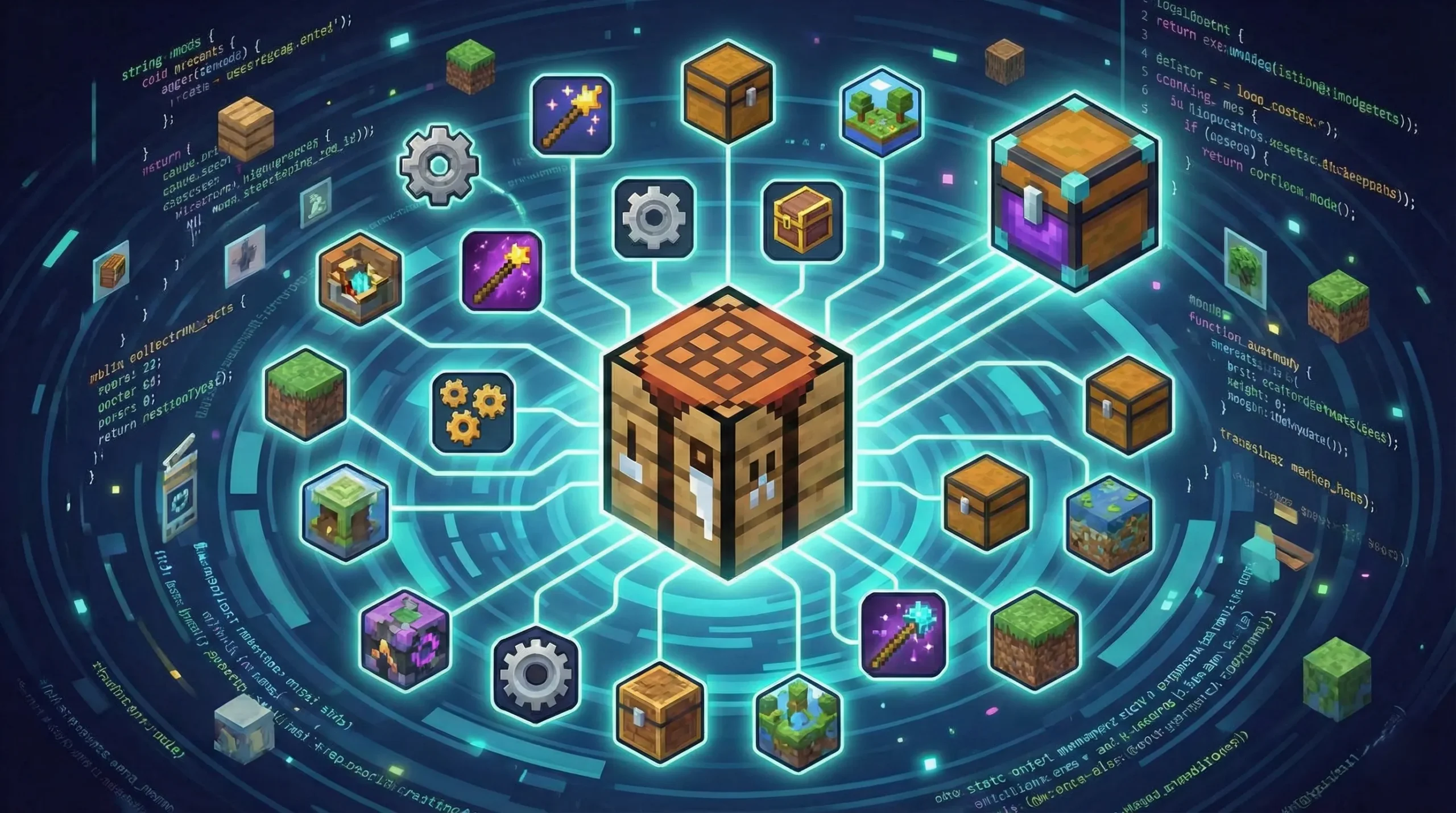 A glowing Minecraft crafting table sits at the center of a digital vortex, connected by light beams to orbiting icons of gears and magic wands that represent combined mods.