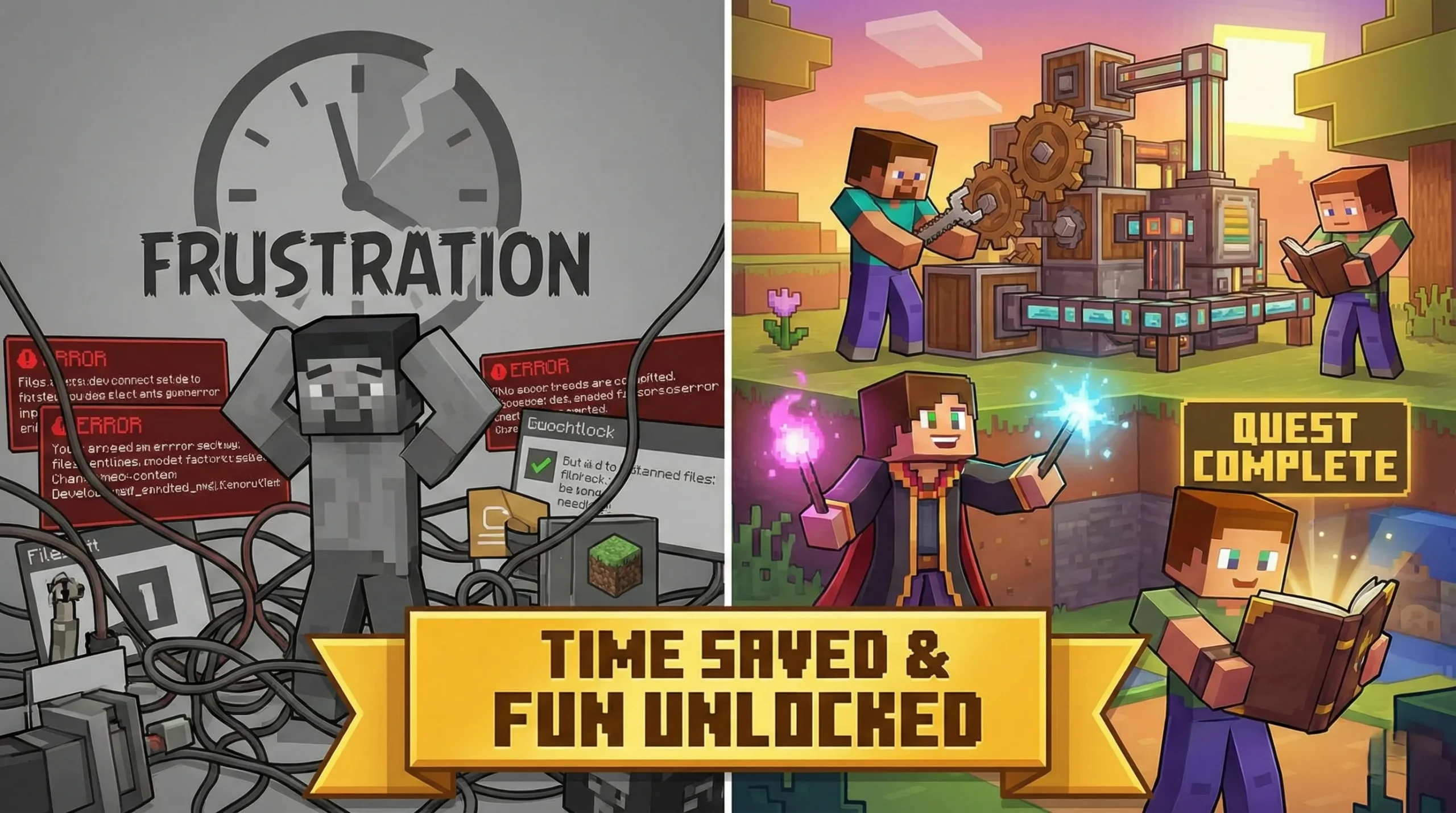 A split scene shows a frustrated player dealing with errors on the left, contrasted with happy players enjoying an automated factory and magic spells on the vibrant right side.