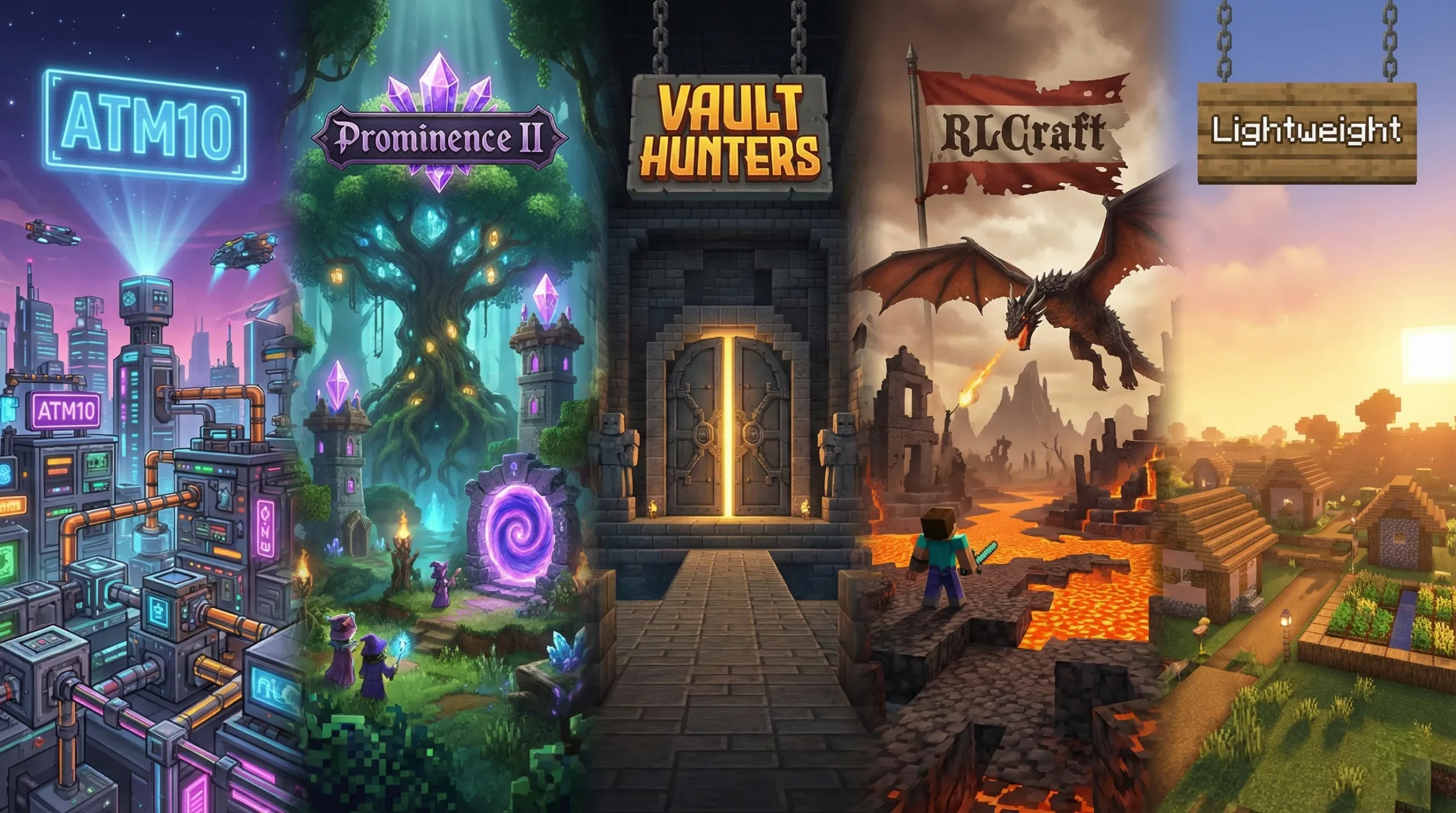 A panoramic landscape blends a futuristic tech city, a magical forest with towers, and a dark dungeon entrance to showcase the wide diversity of modern modpack themes.