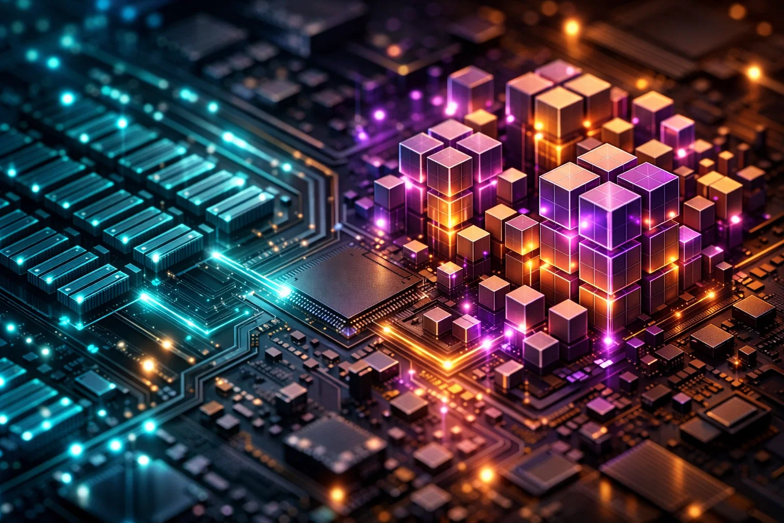 A close-up 3D render of a computer chip circuit. It contrasts standard flat teal processing units with specialized, glowing purple cubic clusters, visualizing the architectural difference between standard CUDA cores and Tensor cores.