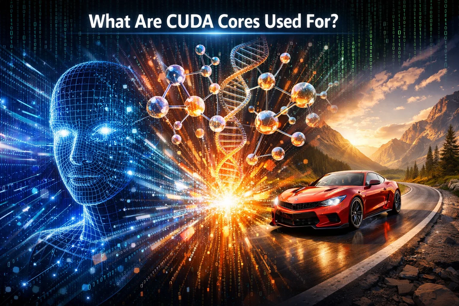 A digital collage illustrating the uses of CUDA cores: a blue wireframe AI head on the left, a DNA double-helix molecule in the center, and a photorealistic red sports car on the right, under the text "What Are CUDA Cores Used For?"
