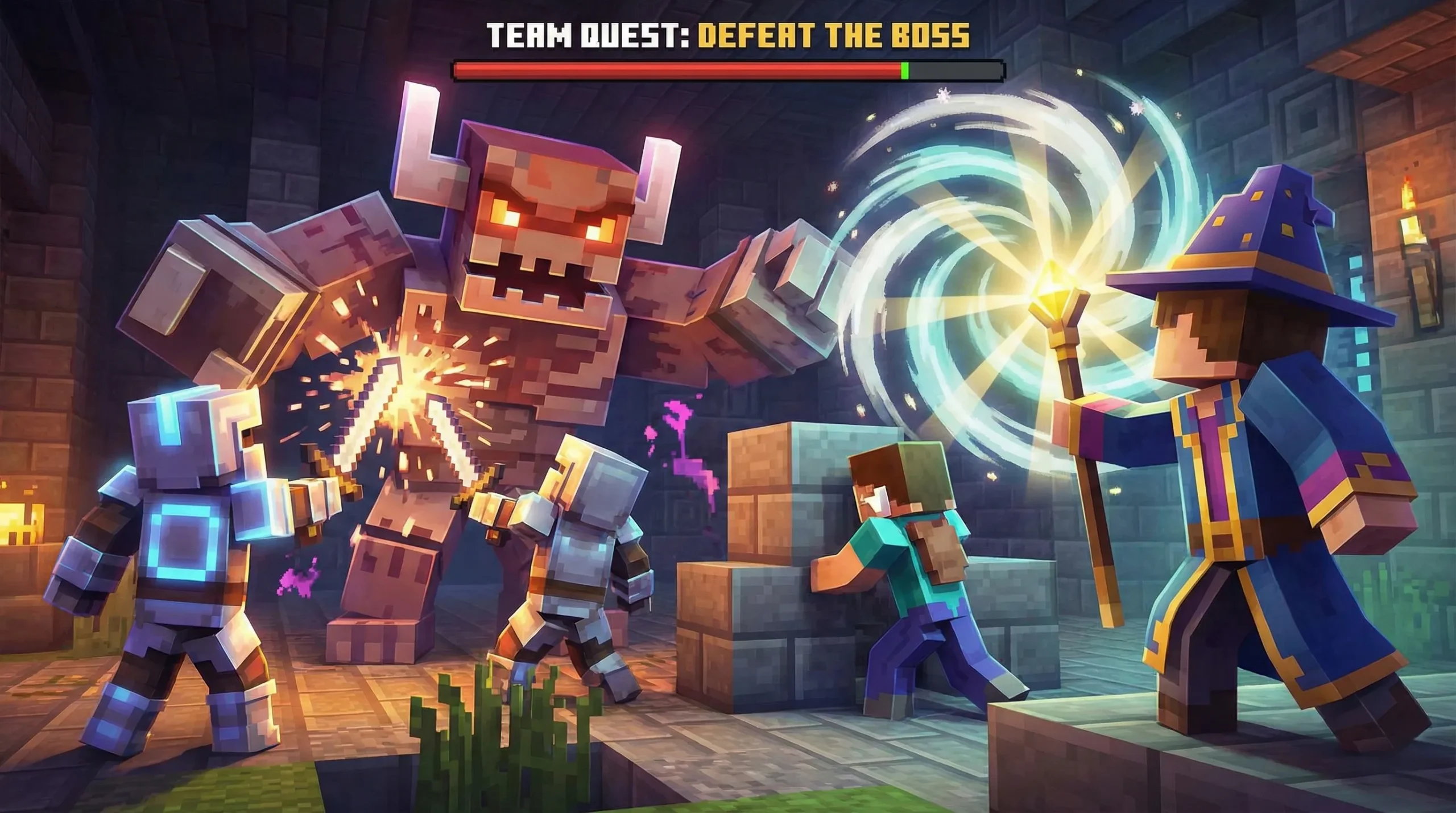 A group of four Minecraft players cooperates in a vibrant battle against a large boss monster, using spells and defensive blocks to highlight team-based gameplay mechanics.