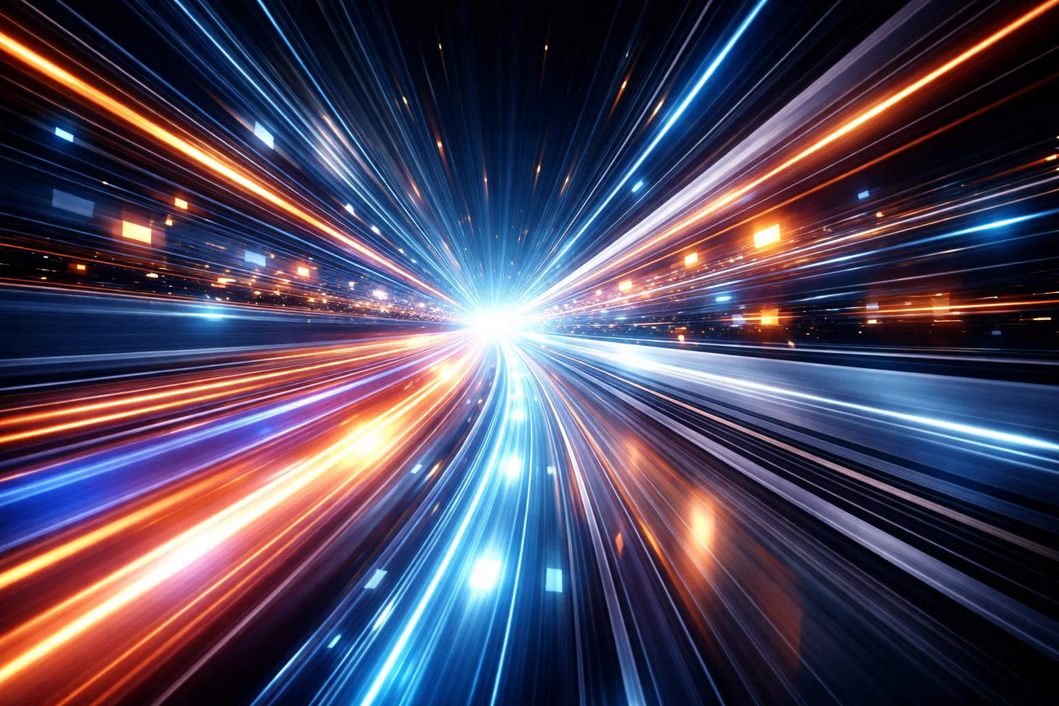 An abstract visualization of high-speed data transfer, featuring streaks of blue, white, and orange light zooming through a dark tunnel towards a central point, representing GPU clock speed and throughput.
