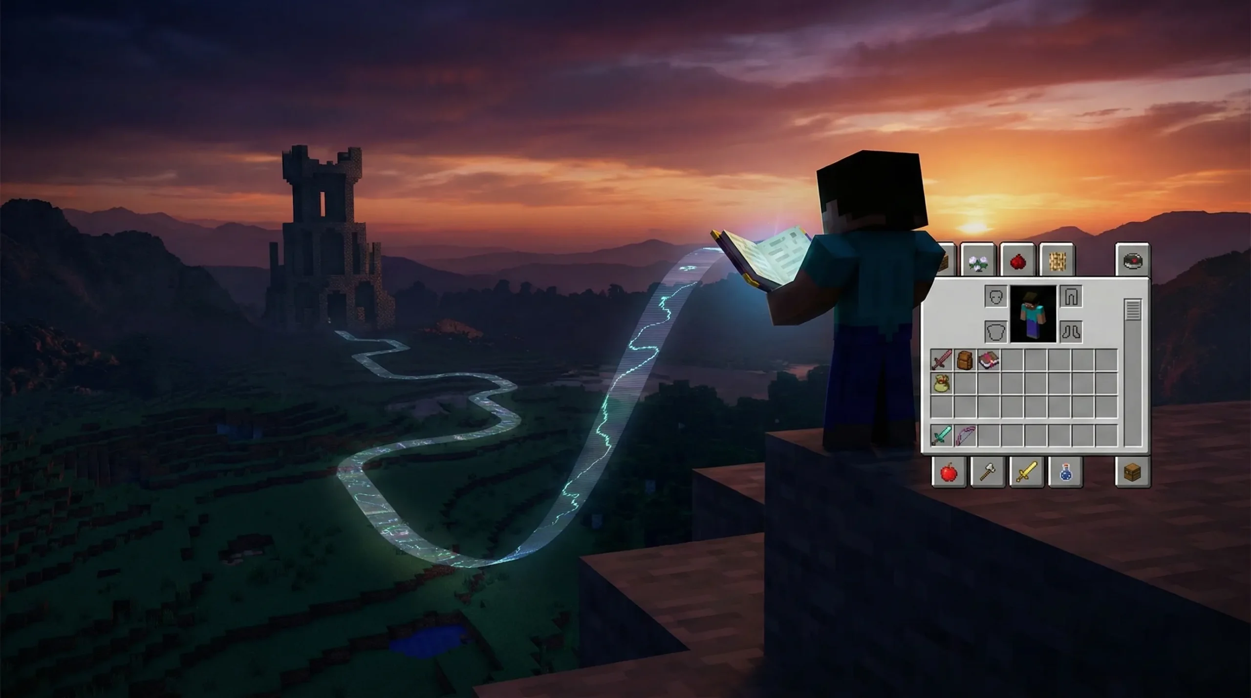 A lone player stands silhouetted against a sunset, holding a glowing quest book, looking out toward a mysterious, distant dungeon that promises a deep, structured solo adventure.