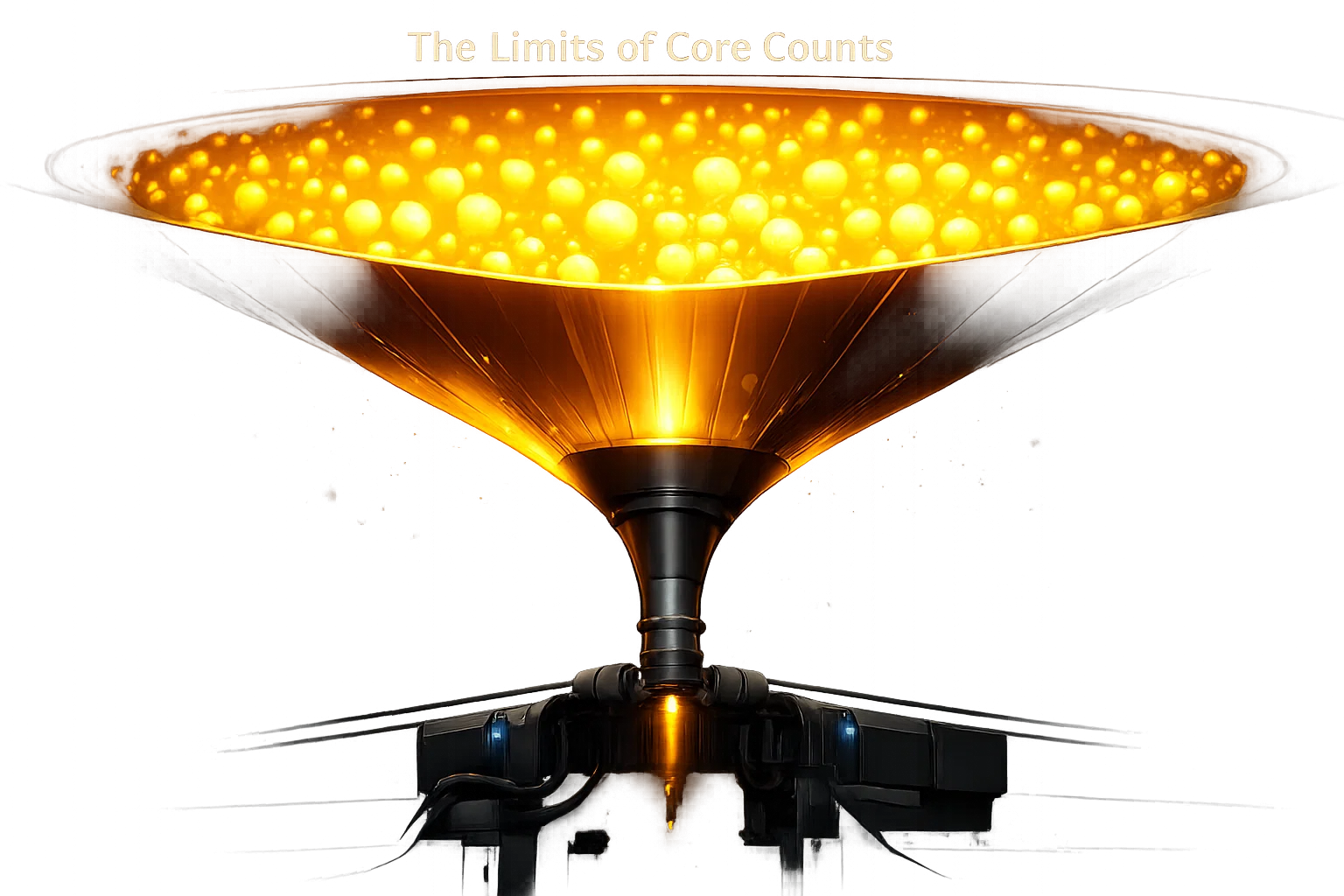conceptual illustration of a bottleneck. A large, wide funnel is filled with glowing golden particles representing data, but the flow is restricted by a narrow black spout at the bottom, symbolizing how memory bandwidth limits performance.