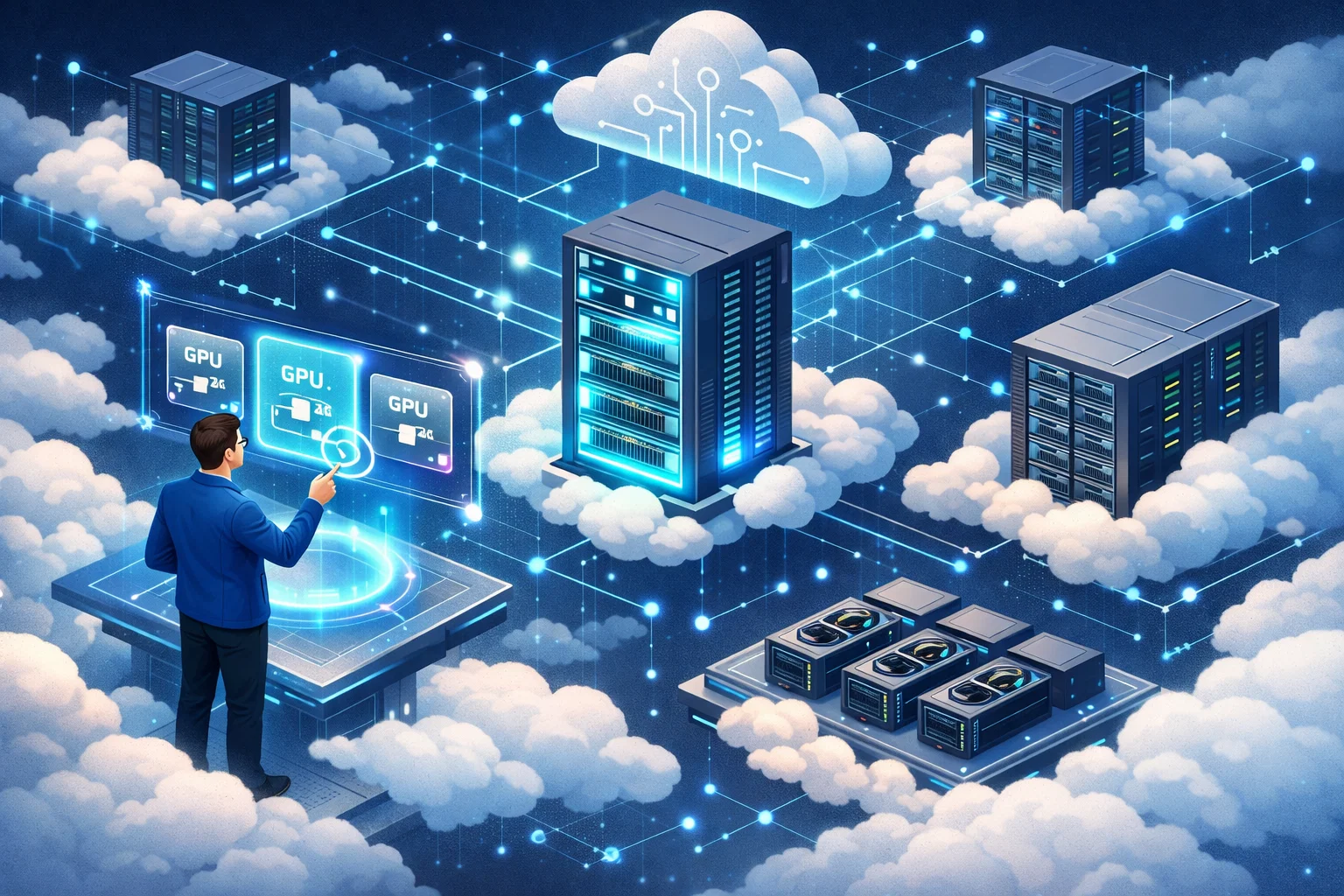 An isometric illustration of a cloud computing environment. Server racks float on platforms among clouds, while a man in a business suit uses a holographic touch interface to select a specific GPU configuration.