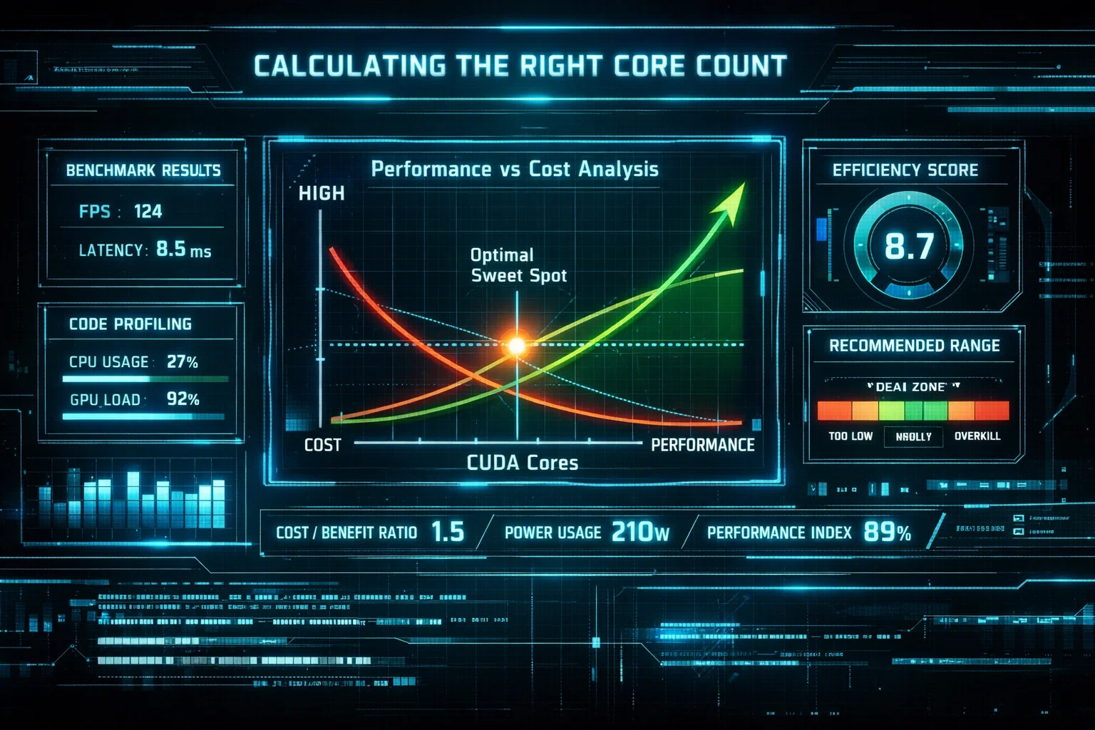 A high-tech digital dashboard displaying analytics. It features a "Performance vs Cost" graph, an efficiency score of 8.7, and CPU/GPU load bars, all under the header "CALCULATING THE RIGHT CORE COUNT."