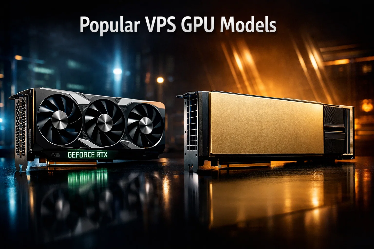 A realistic product shot comparing two graphics cards on a dark surface. On the left is a consumer gaming card with three cooling fans, and on the right is a sleek, gold-encased datacenter accelerator, under the text "Popular VPS GPU Models."