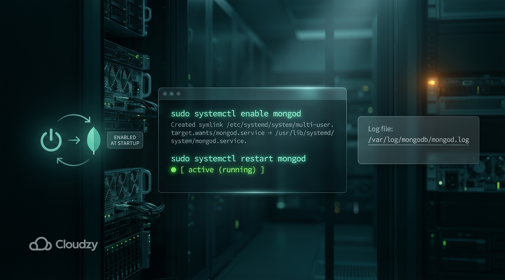 Futuristic server setup with MongoDB automation symbol + terminal with MongoDB command + log file