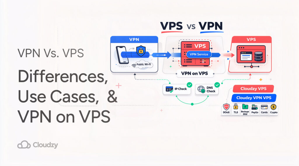 Infographic showing vpn and vps side by side, with a VPN on public Wi-Fi, a VPS server, and a middle example of VPN on VPS to explain the difference between vpn and vps.