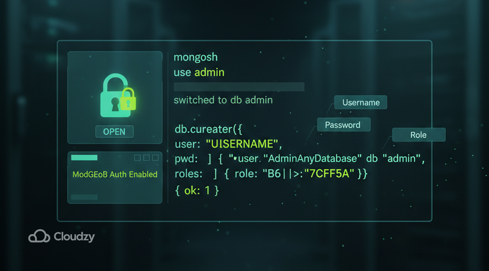 MongoDB authentication process + lock symbol + confirmation of authentication.
