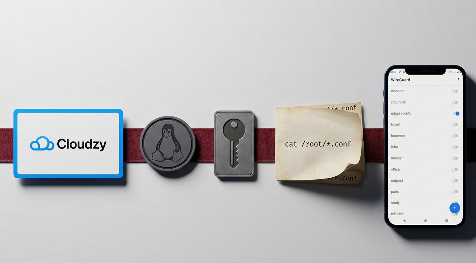 Cloudzy icons and a phone running the WireGuard app show a WireGuard VPS setup, pulling a client profile via cat /root/*.conf for WireGuard on VPS.