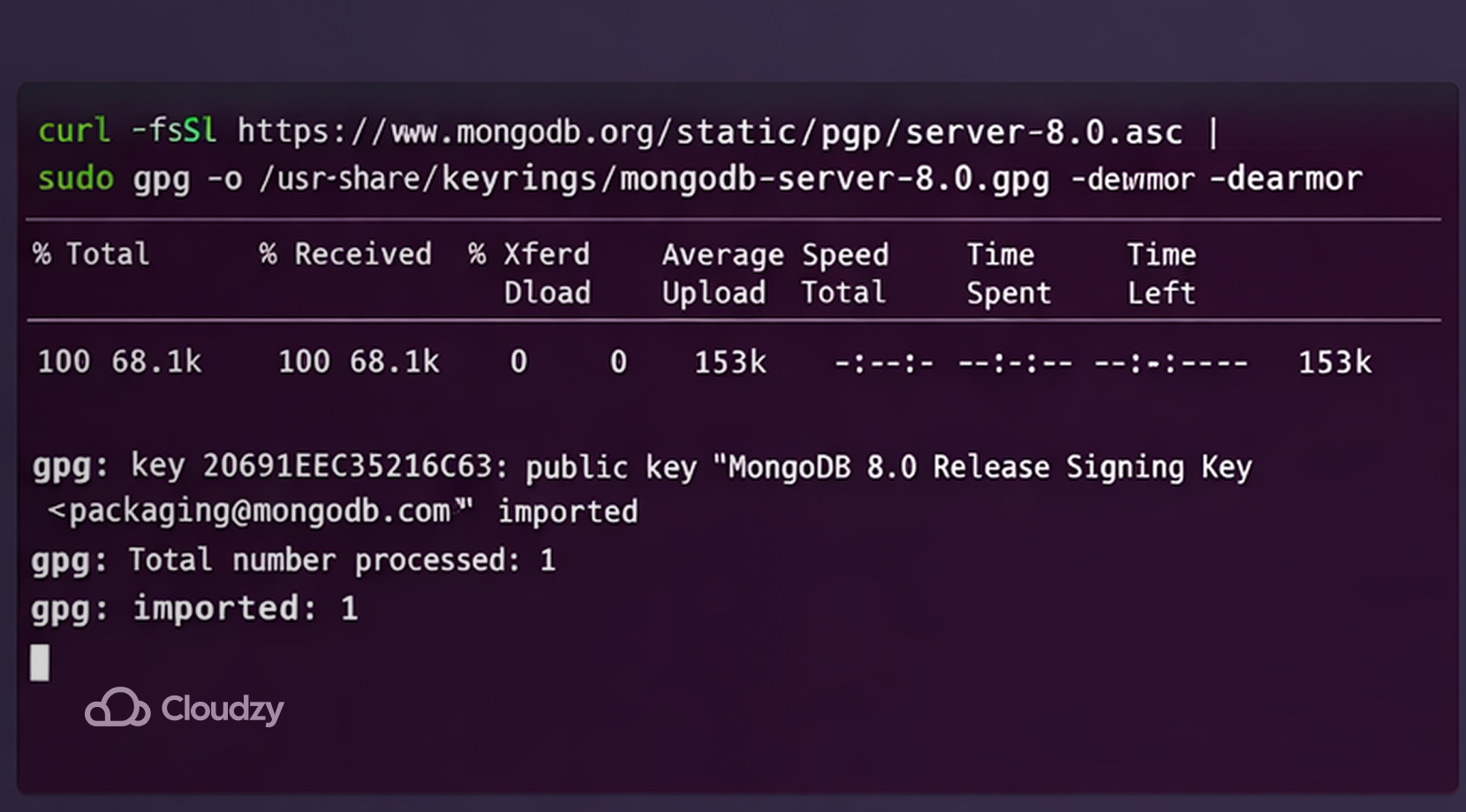 Ubuntu terminal after successfully adding MongoDB’s GPG key.