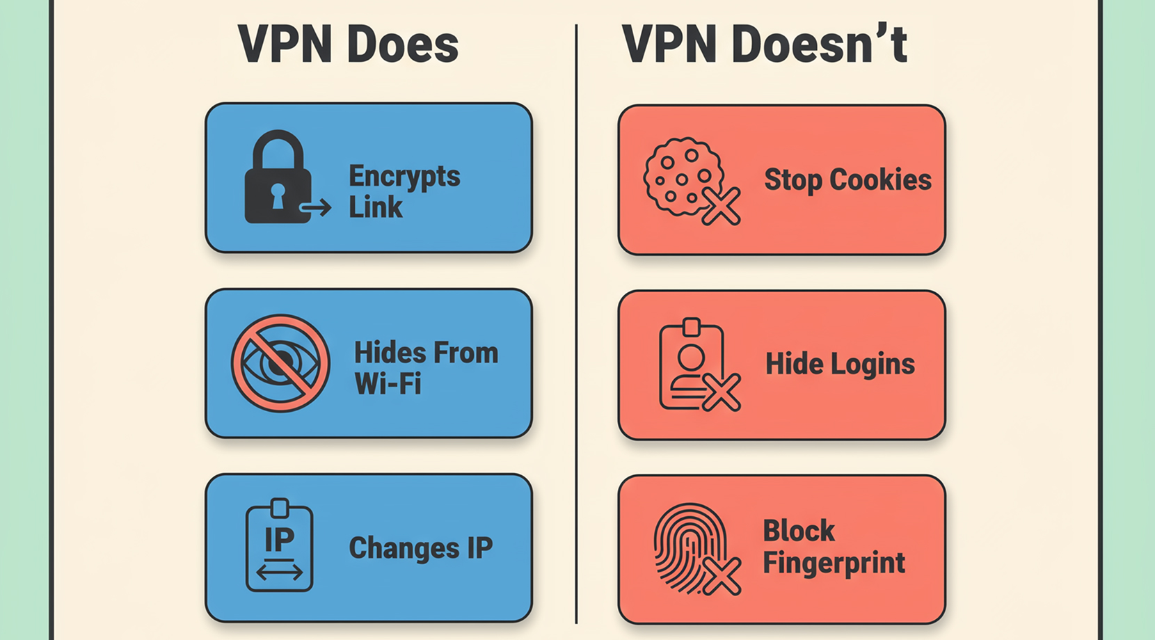 Split infographic showing what a VPN does and does not do, such as encrypting a link and changing IP but not blocking fingerprinting, explaining the difference between vpn and vps.