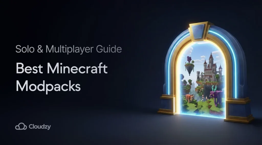 A glowing portal stands on the right, revealing a castle and floating islands. The text "Best Minecraft Modpacks" appears boldly on the dark left side next to the Cloudzy logo.