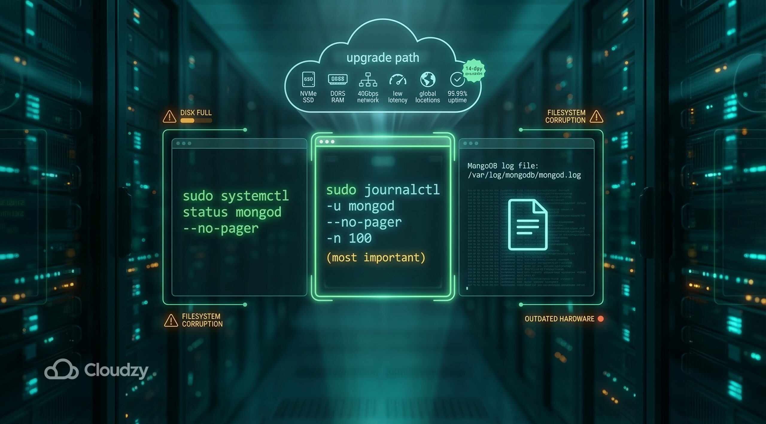 Futuristic server setup + three ubuntu terminal commands + cloud with upgrade path writing.
