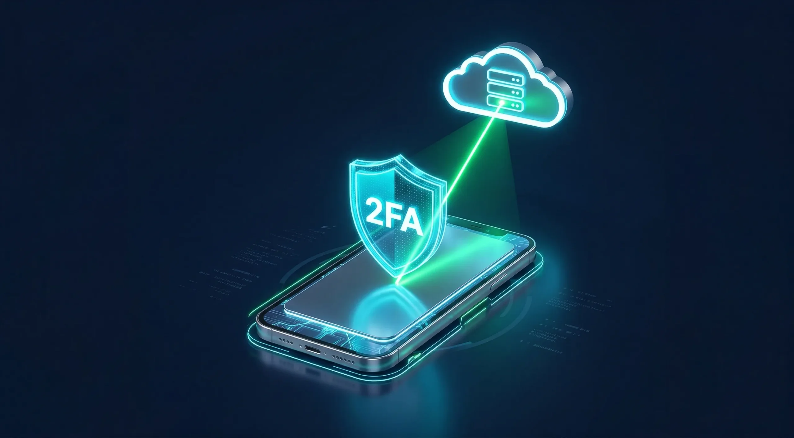 1 1 scaled Glowing smartphone with a cyan '2FA' holographic shield receiving a secure green laser scan from a cloud server on a navy-blue background.