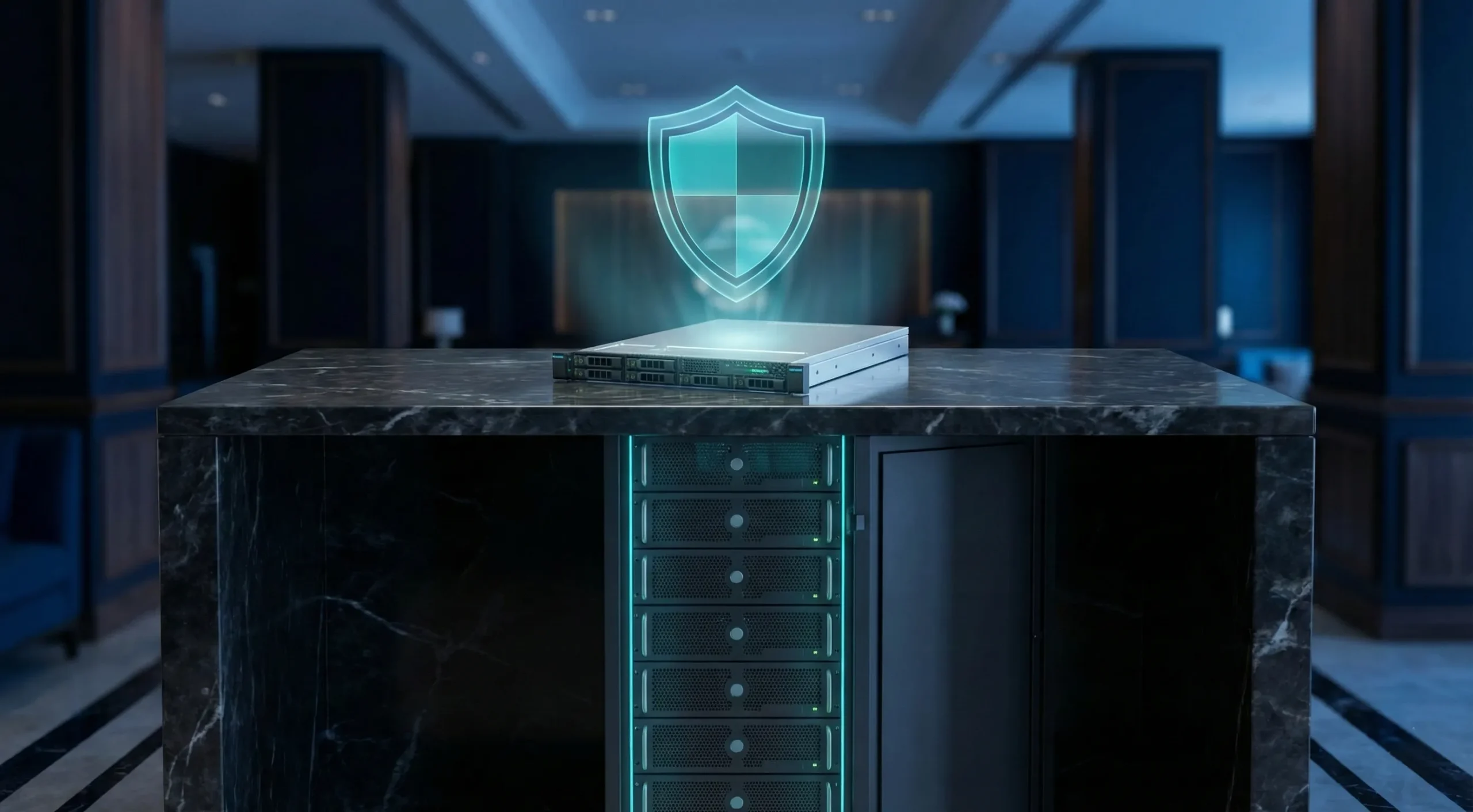 A server sits on a luxurious server room concierge desk beneath a glowing shield. This reflects managed hosting as a premium, "hands-off" service where security and maintenance are completely handled for you.