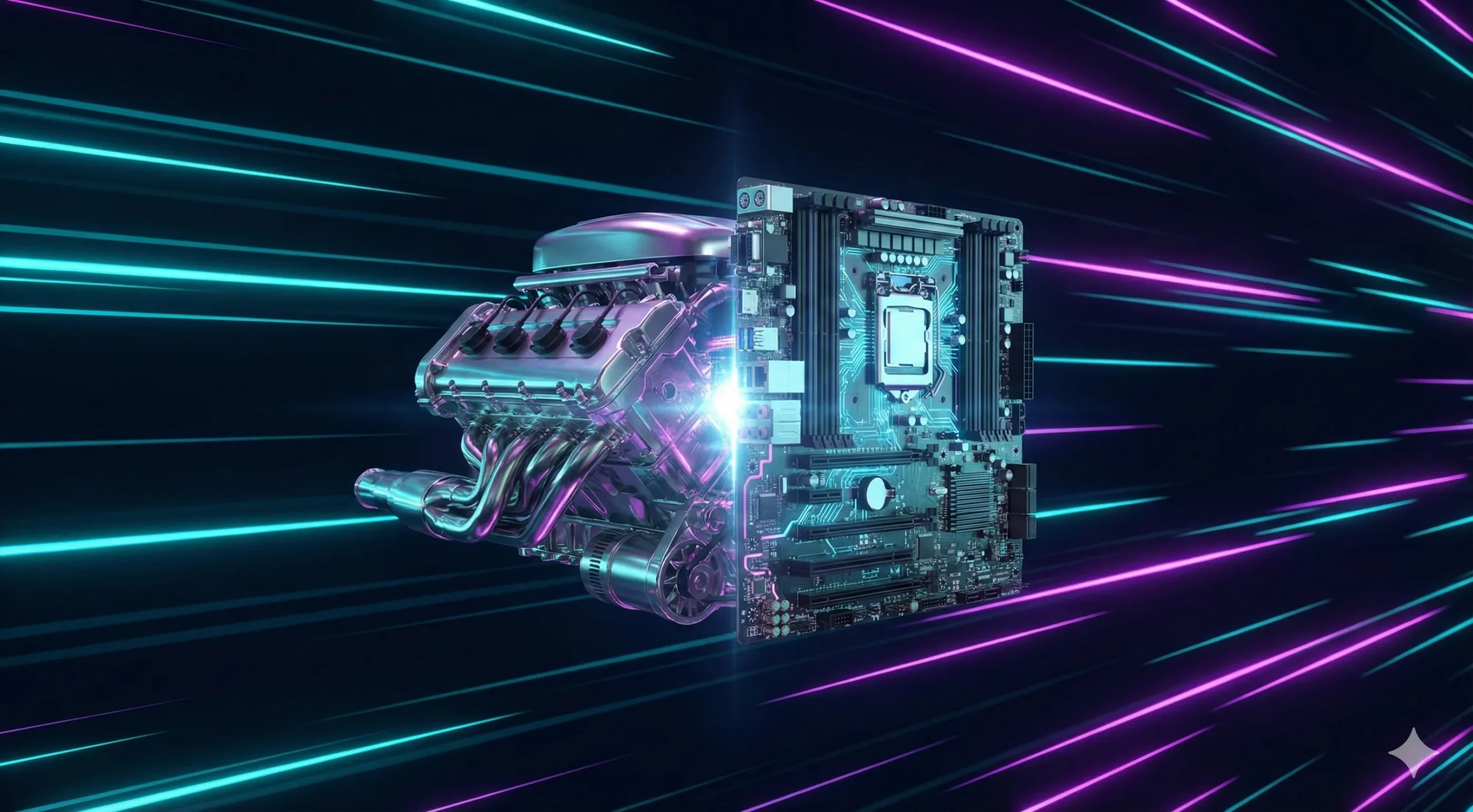 A futuristic Formula 1 engine fuses with a high-performance motherboard. It captures the essence of unmanaged VPS as pure Infrastructure-as-a-Service, offering raw power and speed for those who can drive it.
